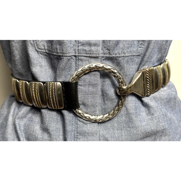 Chico\'s Black Leather Belt Silver Hardware Circle Buckle Size M/L Made in India main image 6